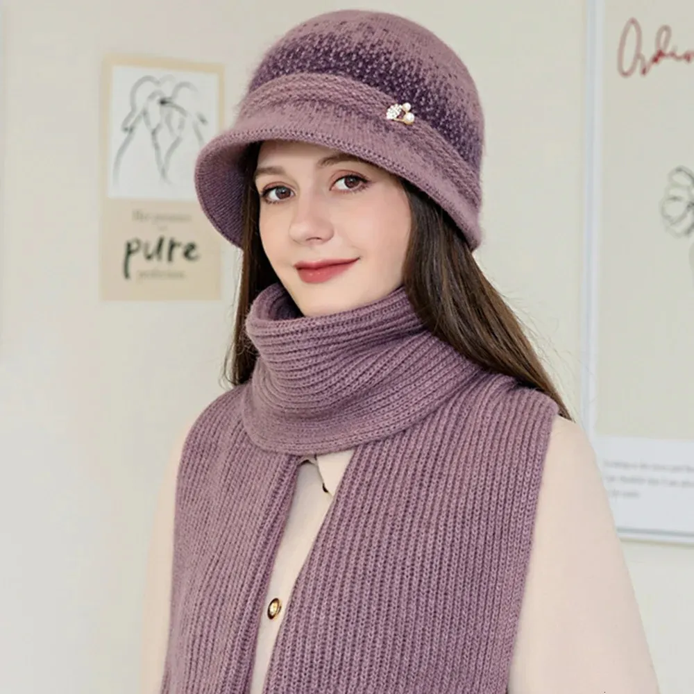 Femmes hiver chapeau décor thermique doublé bonnet bonnet col costume épais chapeaux pour femme décontracté lapin cheveux mélange tricoté chapeau 231229