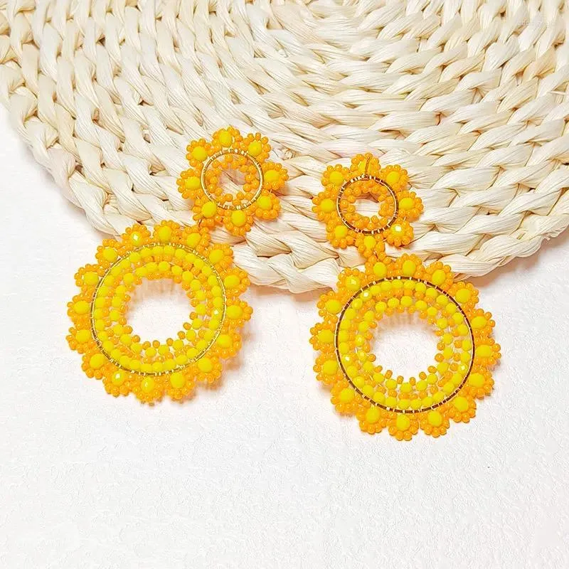 Dangle Earrings Beaded Sunflower Circle Hollow Out Originality Crystal Yellow. Hand Knitting Bohemia Tide Simple Rice Bead