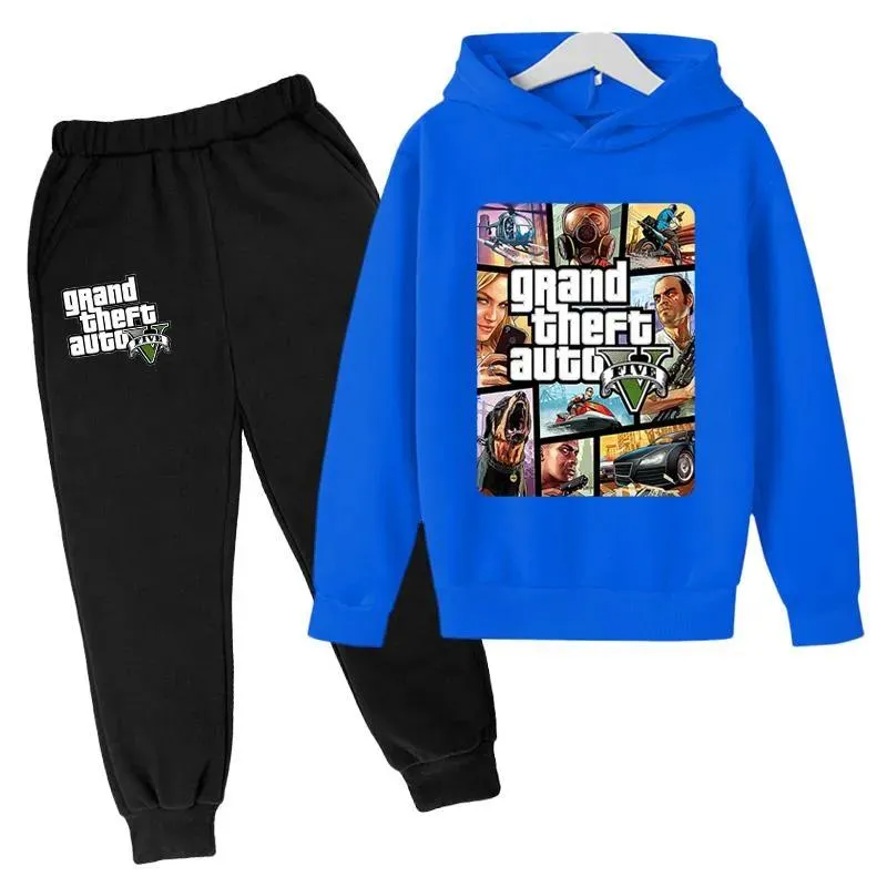 Sweatshirts 2021 En Yeni Çocuk Günlük Moda Giyim Oyunu 5 Hoodies GTA Street Out Gare Boys Hip Hop Suit Çocuk Sweatshirt+Pantolon 414y