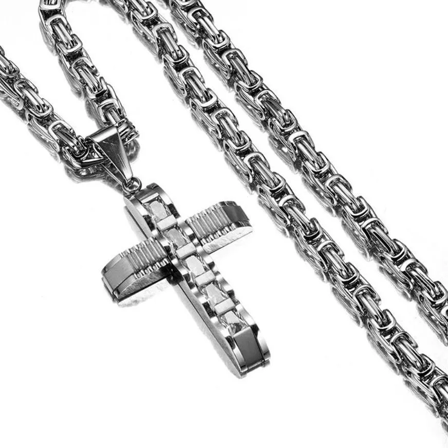 Pendanthalsband Fashion Crucifix Cross Necklace Men Silver Color rostfritt stål Punk Byzantine Chain Jewelry228K