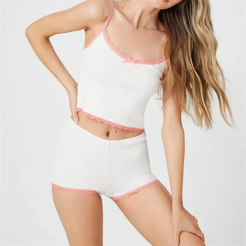 Survêtements pour femmes Fairy Ribbed Knit 2 pièces Loungewear Bow Lace Trim V Col sans manches Camis Crop Tops Shorts Set Femmes Y2K Kawaii Tenues