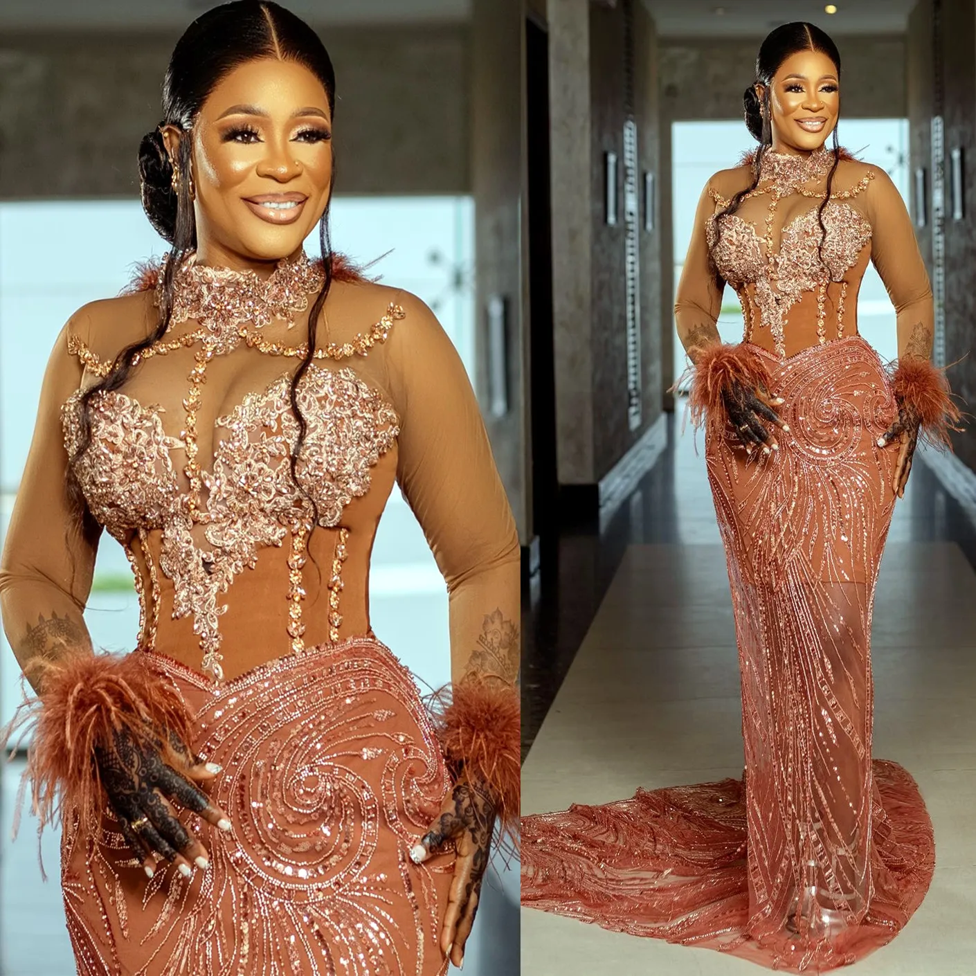 2024 ASO ebi Chocolate Mermaid Prom Dress Lace Crystals Beded Sealial Party Second Sectree Onvisply Congragement Dresses Robe de Soiree ZJ399