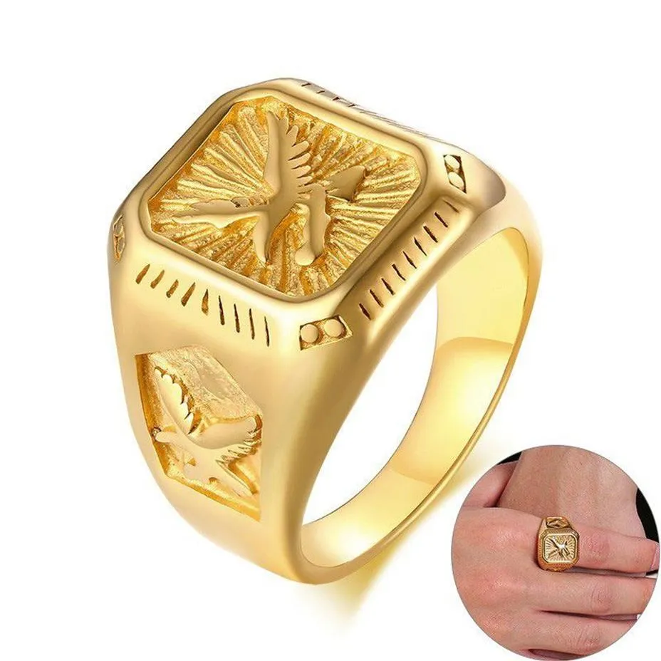 Mode-Herren-Adler-Ring, goldfarbener Edelstahl, quadratisches Oberteil mit Strahlen, Siegelring, schweres Tier, Band209U