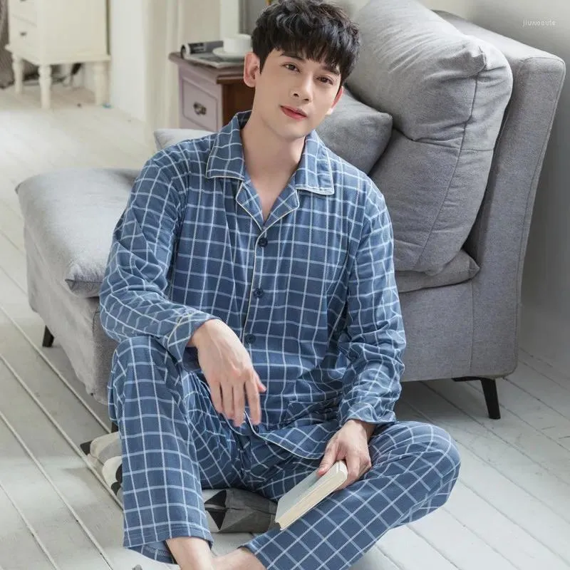 Men's Sleepwear Cotton Men Pajamas Blue Plaid Spring Home Wear Pijamas Set 2 Pieces Bedroom Pjs Long Sleeve Autumn Pyjamas Pant Suits