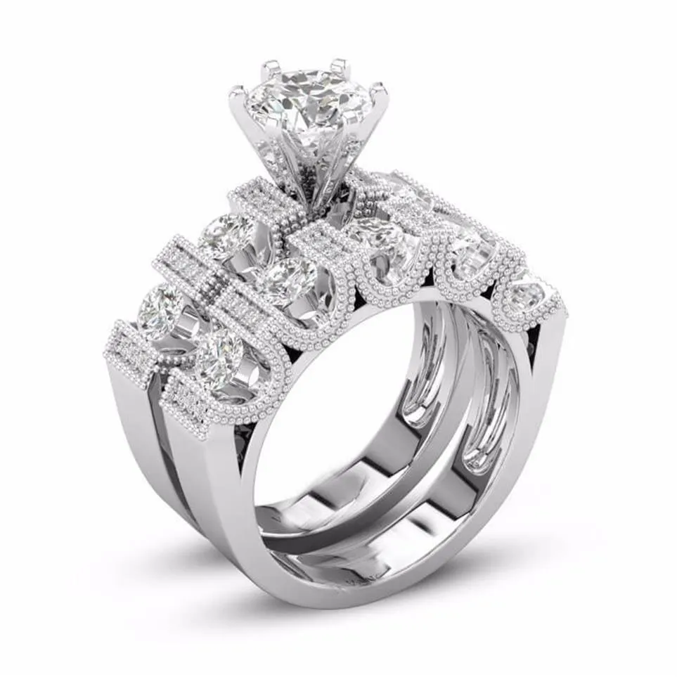 Único choucong vintage moda jóias casal anéis 925 preenchimento de prata retro eternidade corte redondo branco topázio cz diamante feminino nupcial 3062