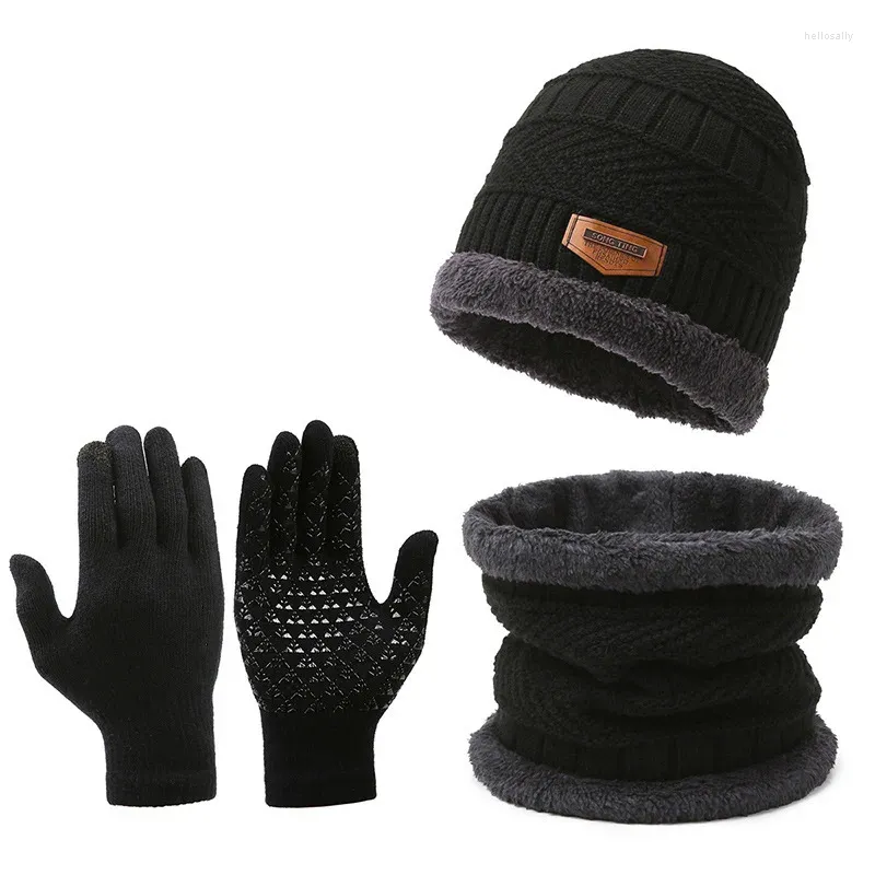 Boinas Invierno HombresMujeres Espesar Sombrero Punto Lana Cuello Bufanda Cap Pasamontañas Máscara Bonnet Conjunto Moda Casual Pantalla Táctil Guantes