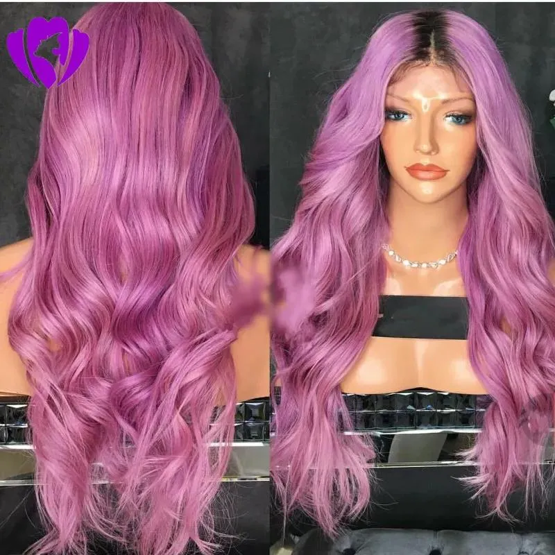 Wigs Middle part Ombre purple Pink wig long Heat Resistant Hair Anime Cosplay Blogger Daily Makeup Synthetic Lace Front Wedding Party W