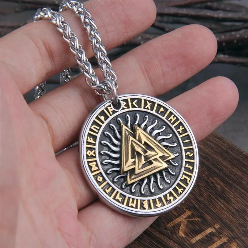 Nordiska vikingar smycken bleknar aldrig Odins valknut med rune och viking yx pendell låda som gåva halsband193y