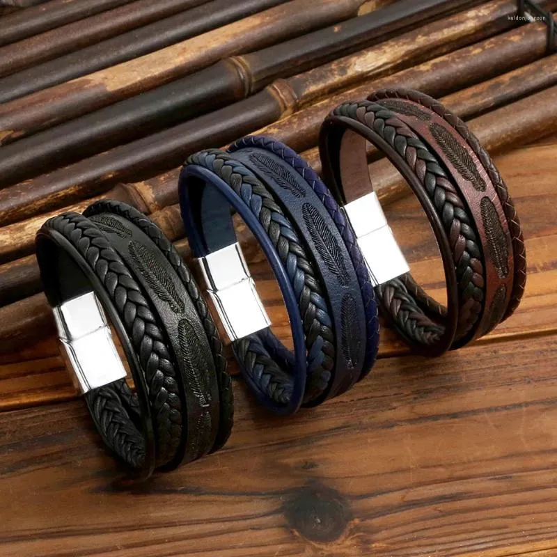 Bangle Fashion Genuine Leather Handmade Feather Multi-Rope Bracelet For Men Trendy Magnetic Clasp Jewelry Accessory