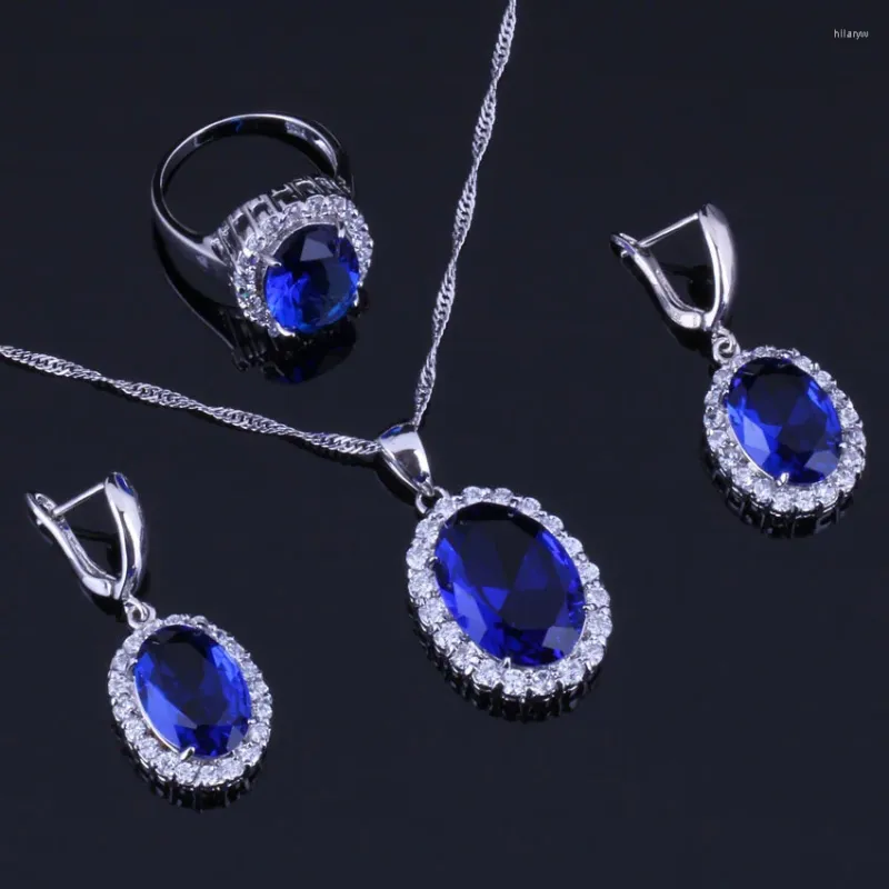 Ketting Oorbellen Set Perfect Ovaal Ei Blauw Zirconia Wit CZ Verzilverd Hanger Ketting Ring V0284