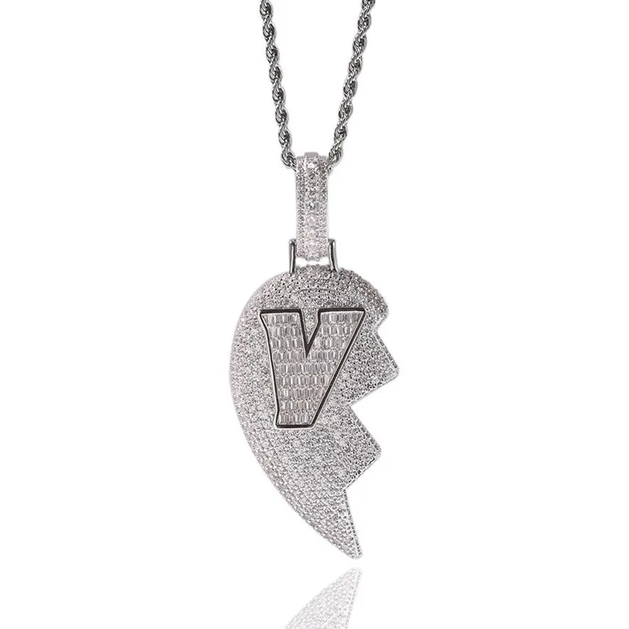 Iced Out Coração Quebrado Pingente Colar Mens Moda Moda Hip Hop V Carta Colares De Ouro Jewelry316s