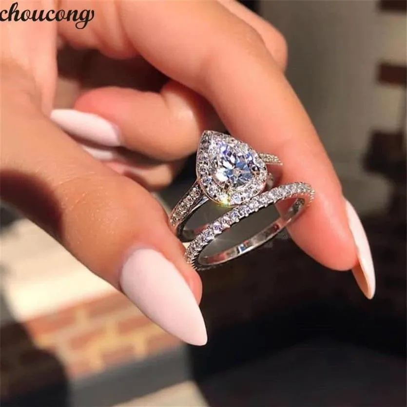 choucong Lovers Promise Ring комплект грушевидной огранки 5A циркон из стерлингового серебра 925 пробы обручальное кольцо для женщин Jewelry2689