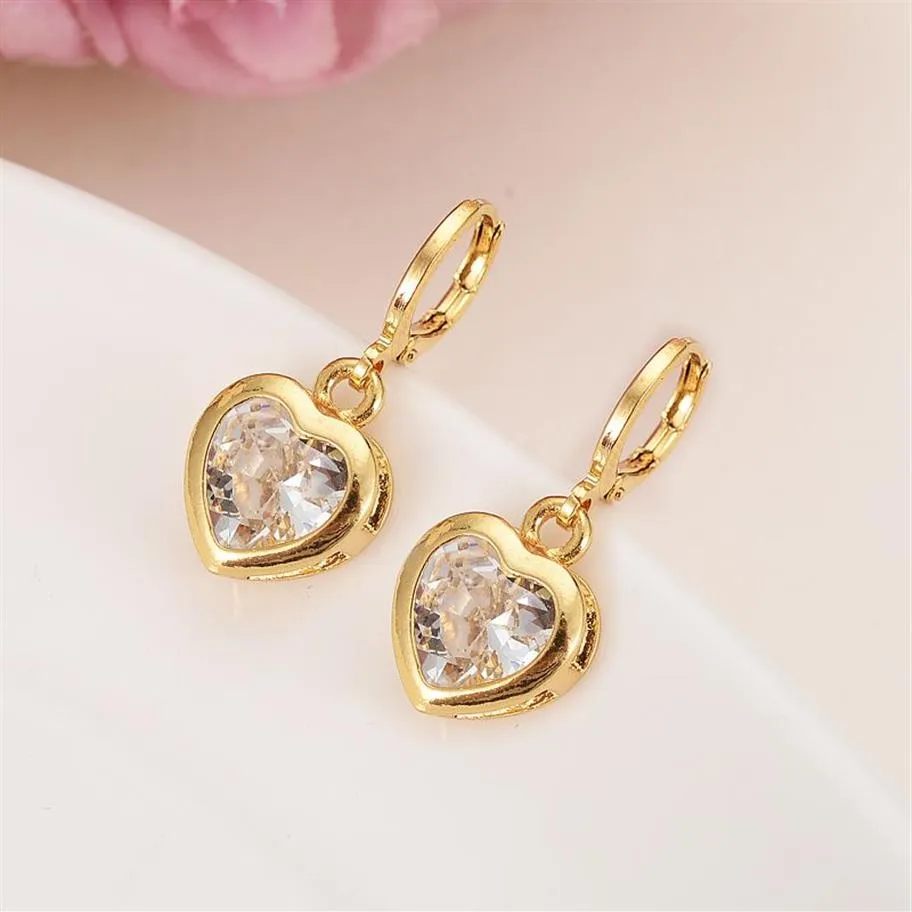 Pendientes de circonia cúbica con forma de gota de cristal de 3 colores con forma de corazón dorado de alta calidad para mujeres y niñas, regalo árabe africano para niños, joyería de moda 245J