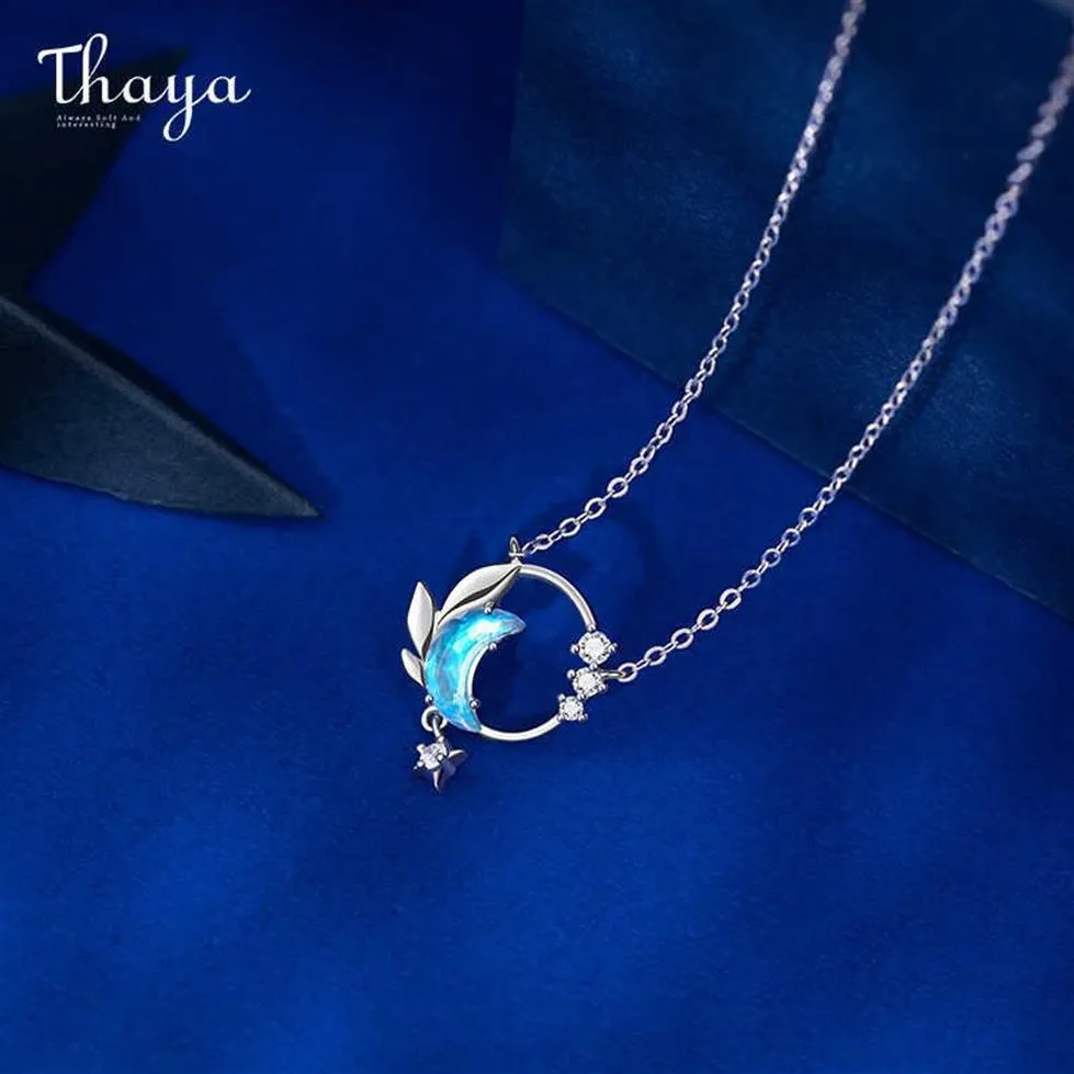 Thaya Real 925 Srebrny szyja 45 cm Naszyjnik półksiężyca wisiorek cyrkonu jasnoniebieski dla kobiet elegancki prezent biżuterii 210621268U