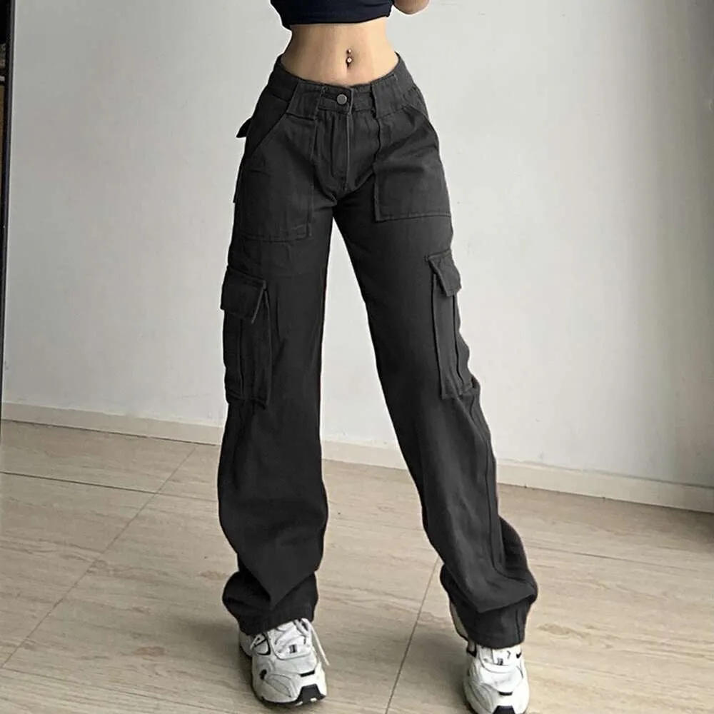 Vintage Cargohose Overalls Baggy Jeans Damen Lässige Mode 90er Jahre Streetwear Große Taschen Hohe Taille Gerade Jeanshose