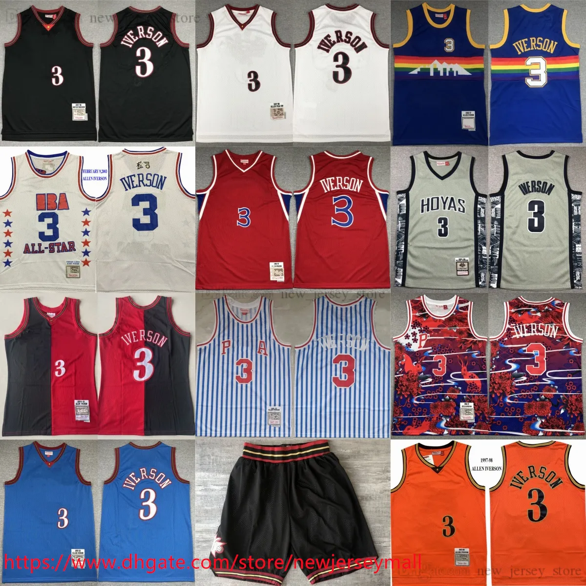 Mitchell et Ness 1996-97 Basketball 3 Allen Iverson Jersey Classic Vintage 2003 All-Star Blanc Noir Rouge Bleu 10e Maillots Rétro Cousu Chemises de sport respirantes