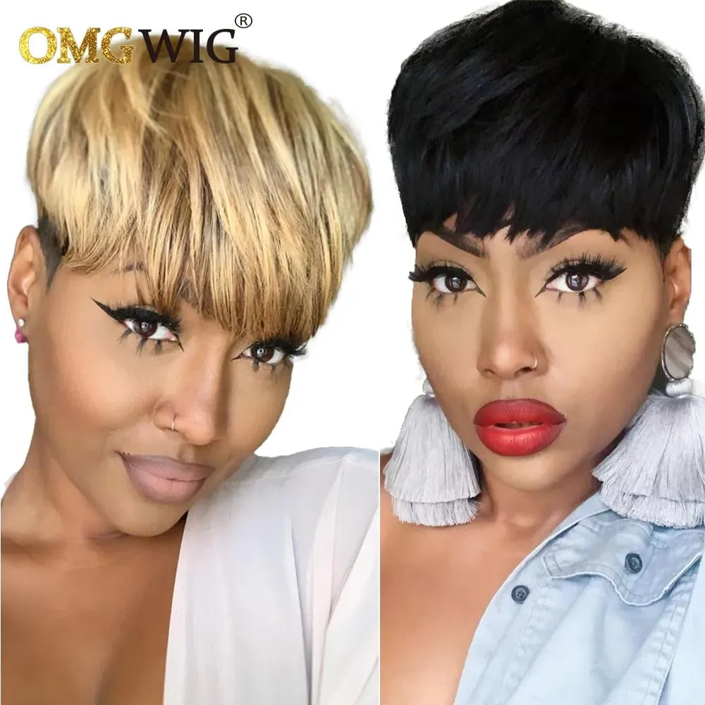 Peruki krótkie proste Bob Pixie Cut Non Lace Front Brazilian Human Hair Black /Ombre Blonde Peruka z grzywką dla czarnych kobiet