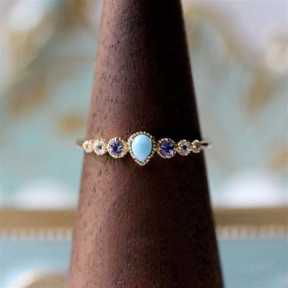 LAMOON 925 bague en argent Sterling pour femmes motif de mer Larimar Tanzanite topaze blanche pierre précieuse plaqué or bijoux fins LMRI144 2011198v