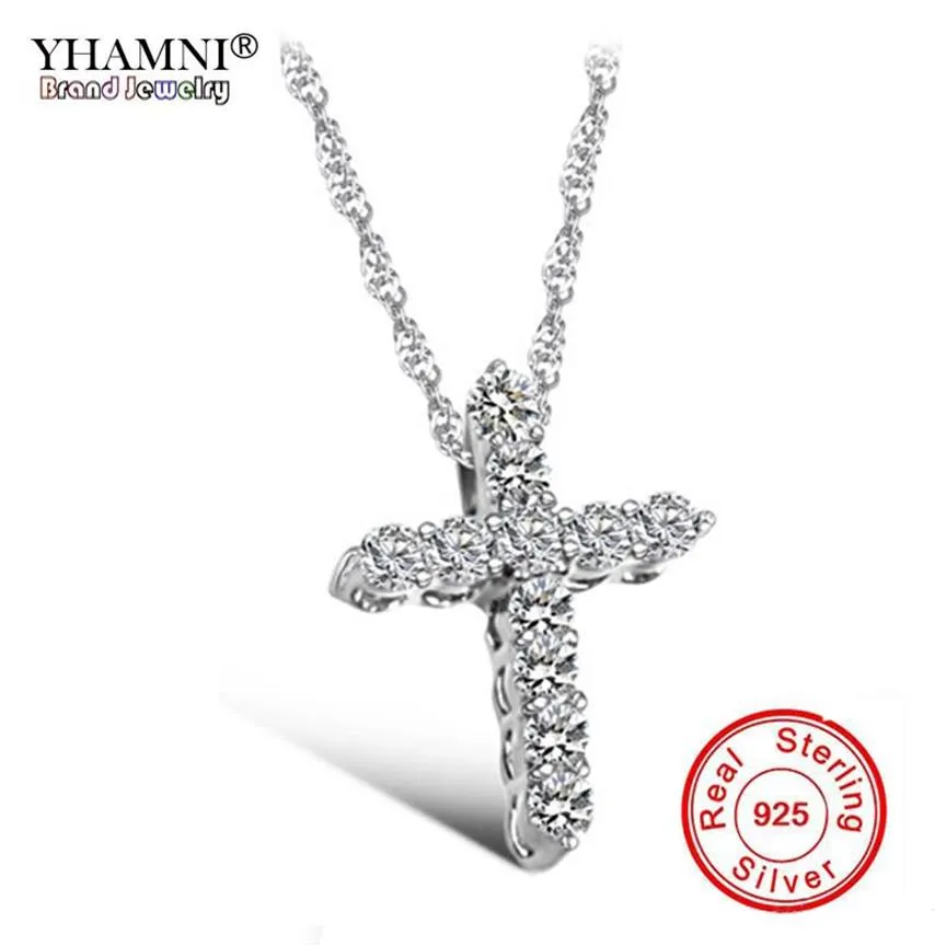 Yhamni luxo original 925 prata esterlina cruz pingente colar princesa luxo diamante colar pingente para senhoras e mulheres n12609