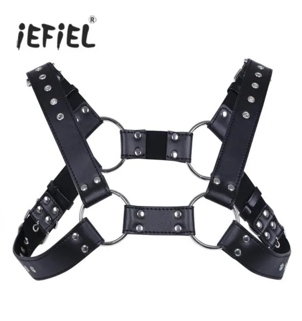 Cintos IeFiel Sexy Homens Lingerie Faux Couro Ajustável Corpo Harness Bondage Traje com Fivelas para Men039s Roupas Acc5029250