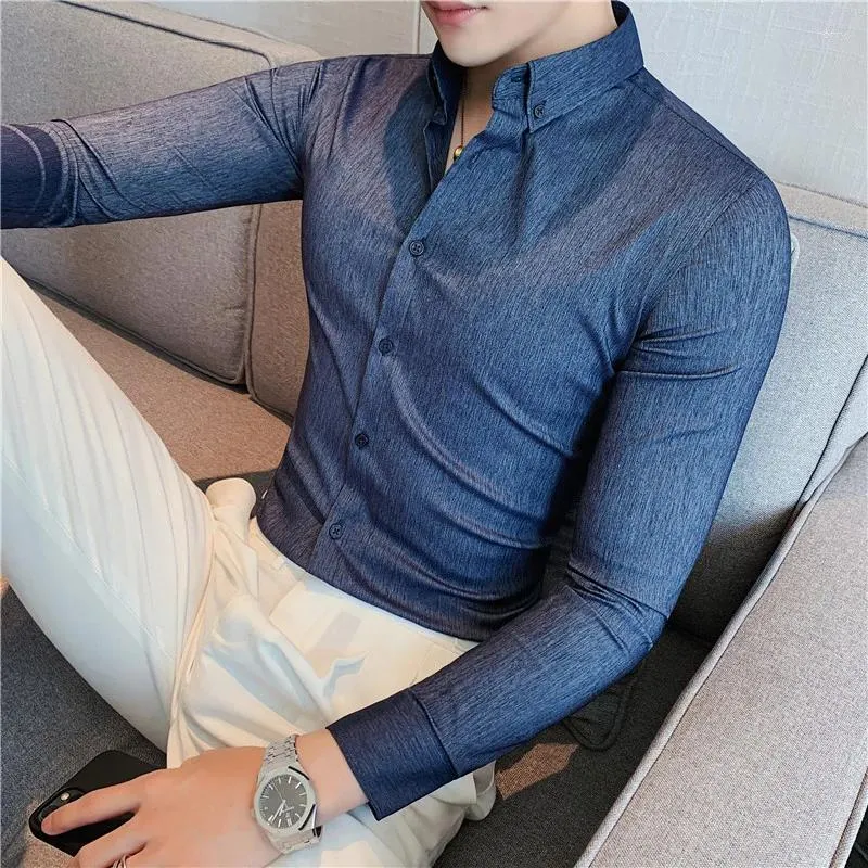 Chemises décontractées pour hommes Simple boutonnage de rayé long hombre haute qualité blouses chemise hommes lujo camisas élastique hommes manches 4xl affaires