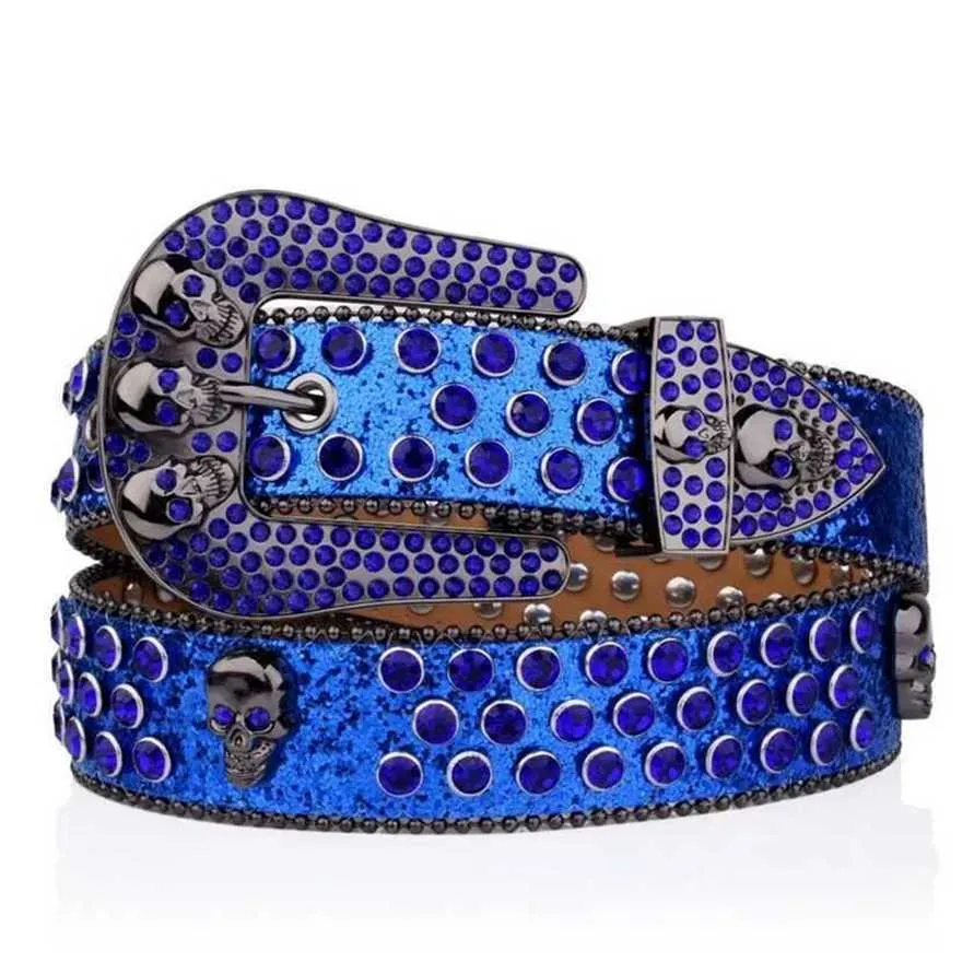 51% DE DESCUENTO Diseñador Nuevo Cinturón de mezclilla con diamantes de imitación de cabeza de calavera de cuero de PU estilo personalizado azul oscuro Punk Diamond
