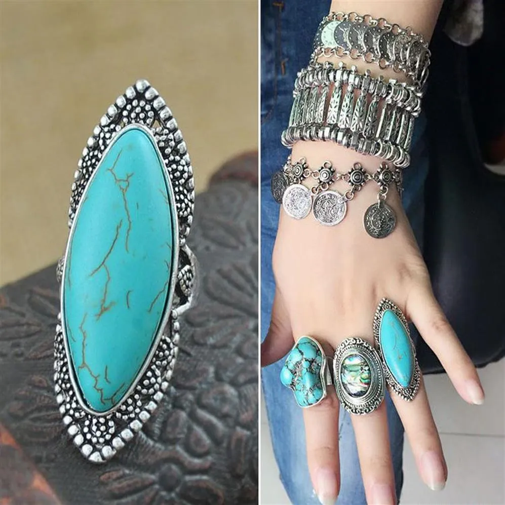 Mode vintage bohemiska turkosa ringar för kvinnor antik silverlegering snidande ring zigenare bobo strandsmycken hela 12 pcs237k