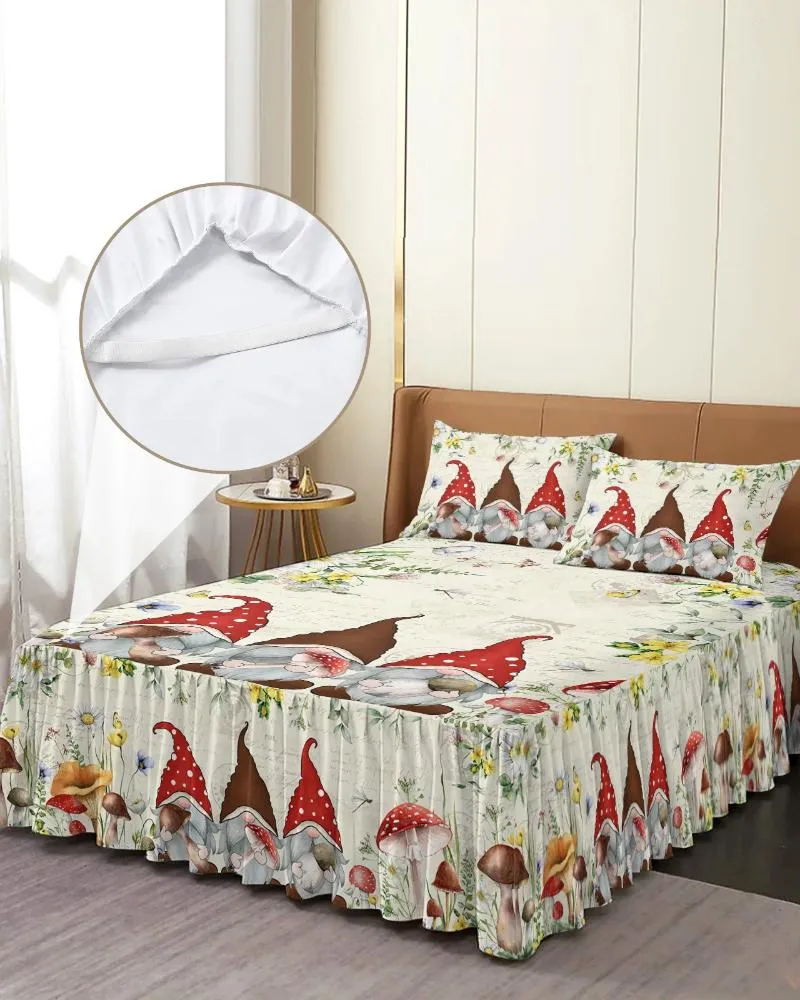 Jupe de lit en forme de champignon, Gnomes, plantes, fleurs, couvre-lit élastique avec taies d'oreiller, housse de matelas, ensemble de literie, drap