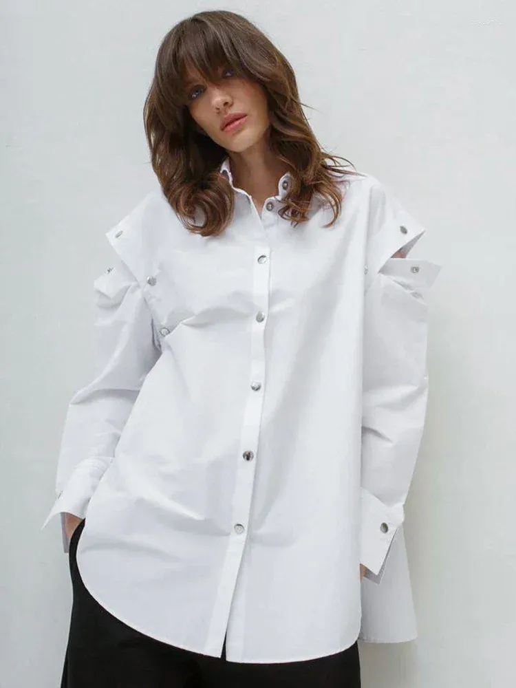 Camicette da donna ZBZA Colletto polo in cotone Camicia bianca Giuntura Manica rimovibile Cardigan Monopetto Elegante Street Style