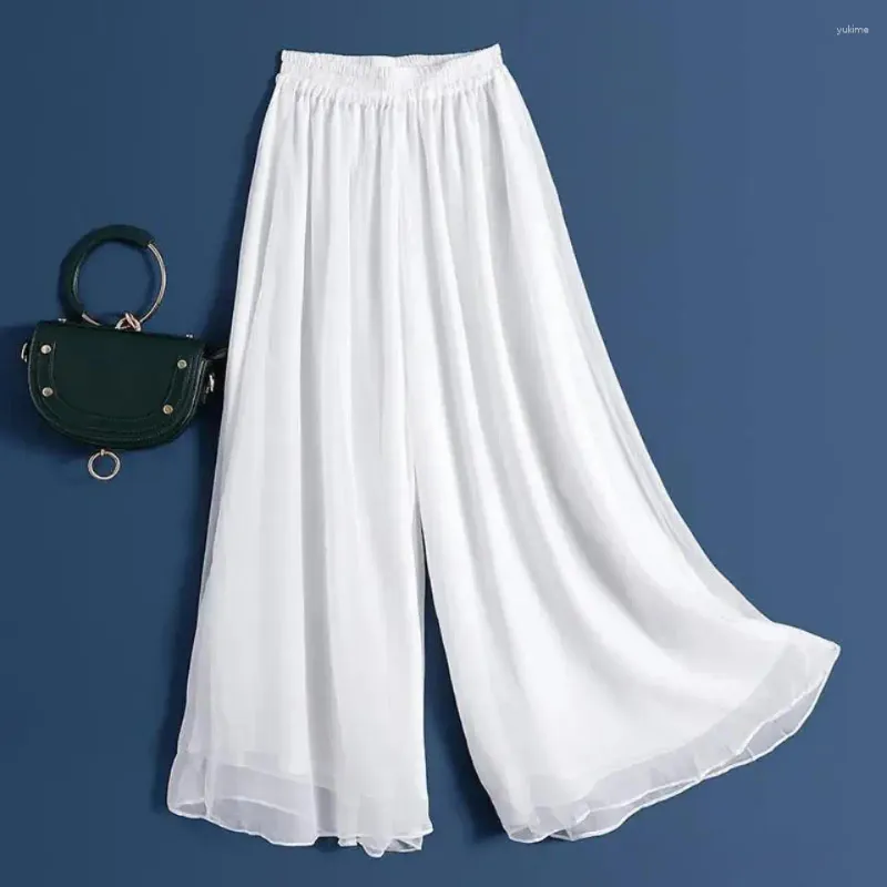 Pantalones de mujer Moda Mujer Casual Gasa Pierna ancha Tamaño grande Suelto Sólido Blanco Banda elástica Cintura alta Ropa femenina Pantalones de gran tamaño