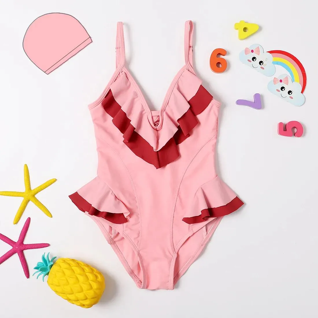 Ensemble en élasthanne pour filles, ensemble une pièce à volants, vêtements de bain pour enfants de 5 à 6 ans