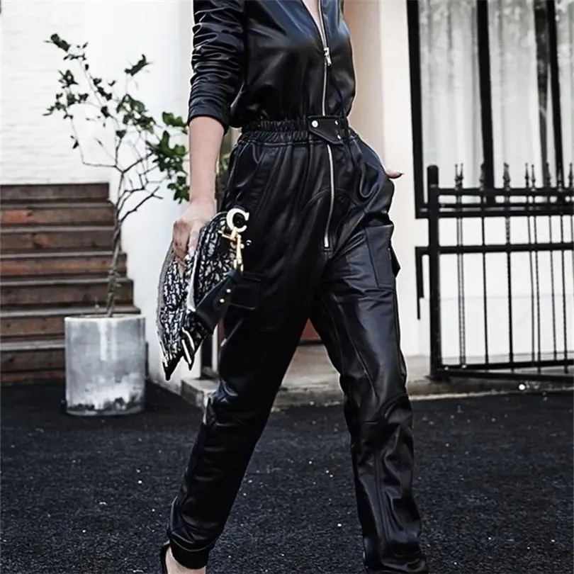 Strampler Nerazzurri Langer schwarzer Kunstleder-Overall für Damen mit langen Ärmeln und Reißverschluss, Übergröße, PU-Leder-Overalls für Damen, Streetwear, 201007