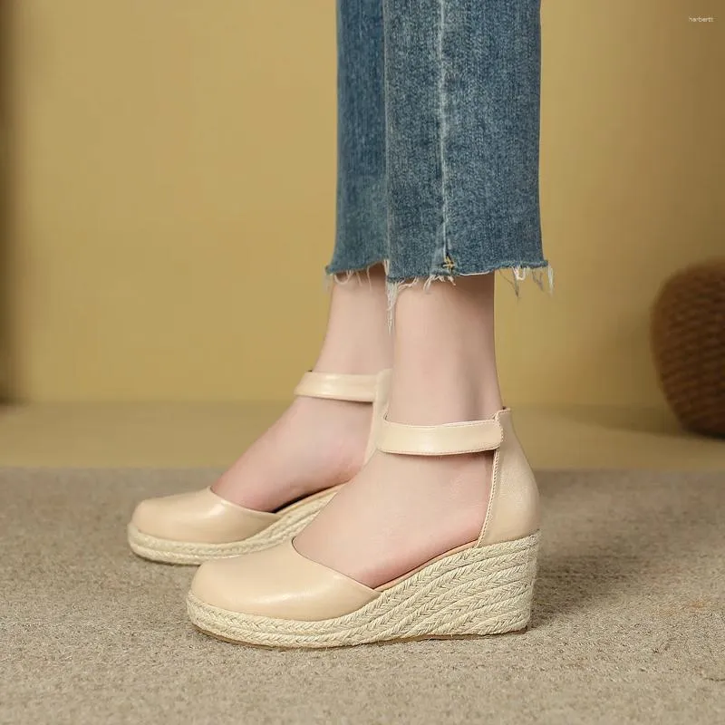 Sandals 7cm Wedge Shoes Ladies High Heels Straw Heel For Women Summer Beige