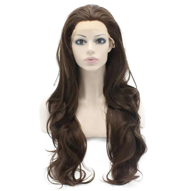 Perucas 26 "extra longa mistura marrom ondulado calor seguro peruca de cabelo sintético de alta qualidade 150% densidade frente laço ondulado peruca