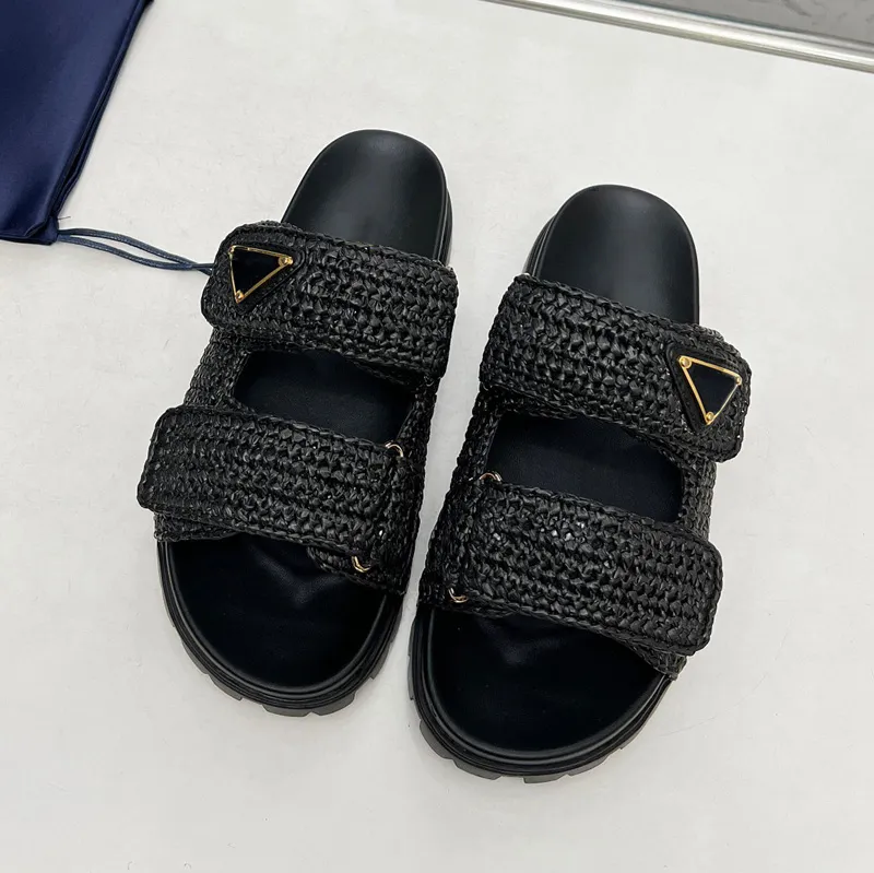 A114 Sandal Crochet Designer Woman Slides Black Platform Wedges Straw Flatform Slipper Summer Flat Comfort Mule Beach