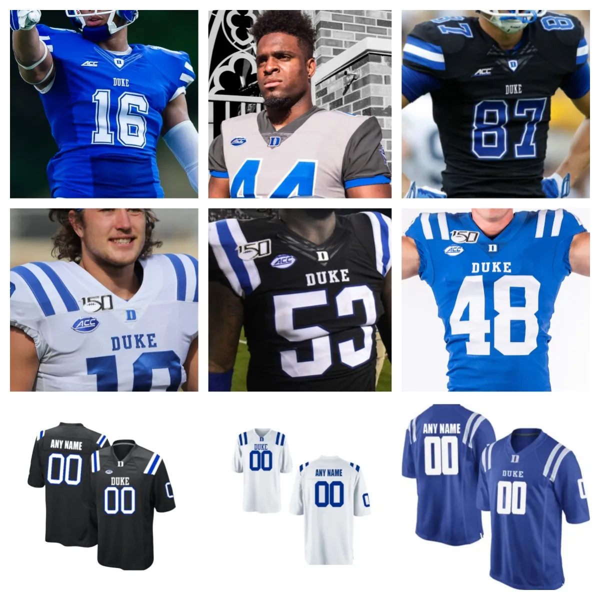 American College Football Wear NCAA Duke Blue Devils College #17 Daniel Jones Jersey Home Blue Black White 4 Myles Hudzick Stitched 150th Football Jerseys