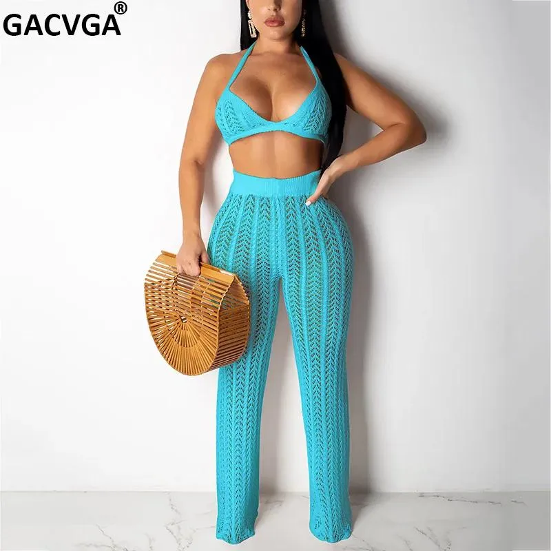 Robe GACVGA Sexy évider tricoté pantalon costumes femmes Crochet haut court et large pantalon LED été deux pièces ensemble dames décontracté vêtements de plage