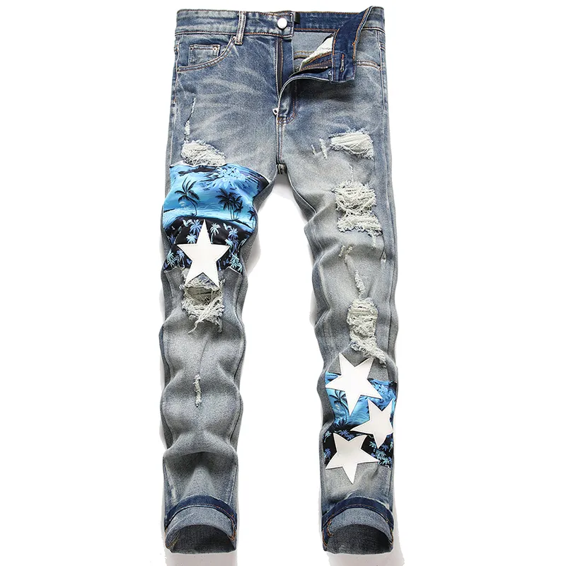 Mens Ripped Skinny Jeans Spring Slim Fit Stretch Printed Patch Pants Autumn Punk Blue Worn Vintage Mid-waist Streetwear
