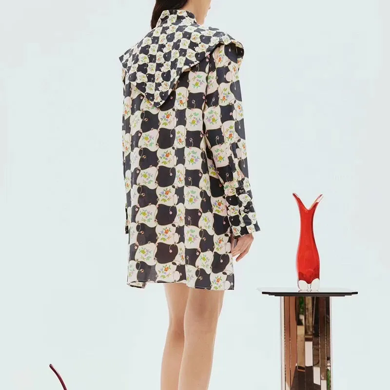 Silk Dress Australian Designer Dress 24 Spring/Summer New Silk Printed Long sleeved Scarf Collar Shirt Mini Dress