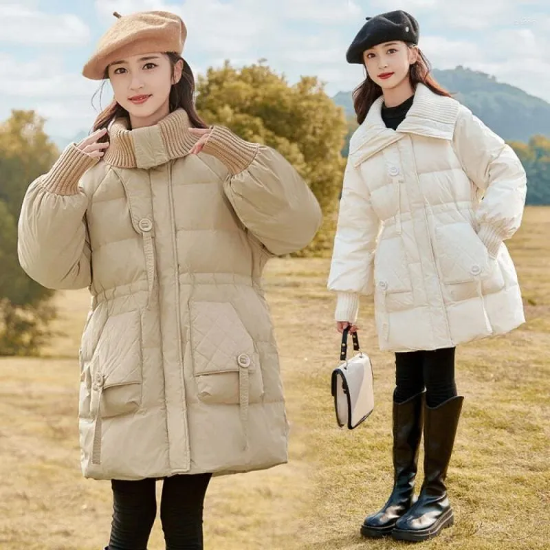 Down Coat Wool Collar Jacket Girls 'Winter Clothing 2023 Solid Color Korean Style White Duck Children's Mid-Längd Bread Coa