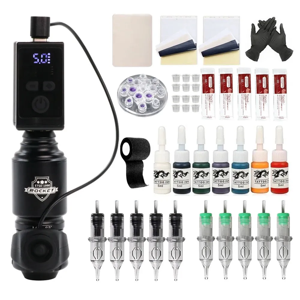 Professionele Rocket Tattoo Machine Set Draadloze Tattoo Voeding met 10 STKS Cartridge Naalden RCA Interface Rotary Tattoo Kit 231229