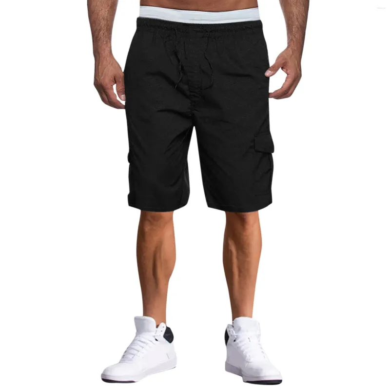 Calças masculinas calças de carga verão shorts retos sólidos cortados com cordão bolso esporte calças casuais para homem ropa de hombre