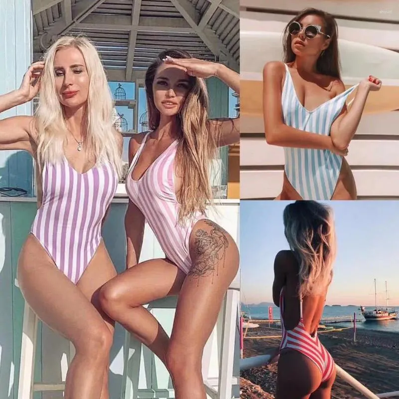 Women's Swimwear Sexy Backless Striped Women One Piece Swimsuit Female Monokini High Cut Trikini V Neck Bathing Suit Swim Bodysuit