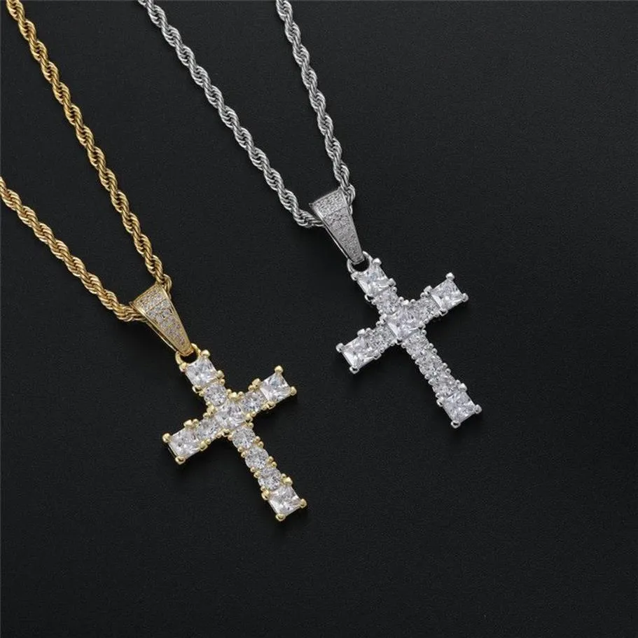 Hip Hop Iced Out Lab Collana con ciondolo croce di diamanti Collana in argento placcato oro Micro pavimentato con zirconi cubici Gioielli da uomo Bling Gift222W