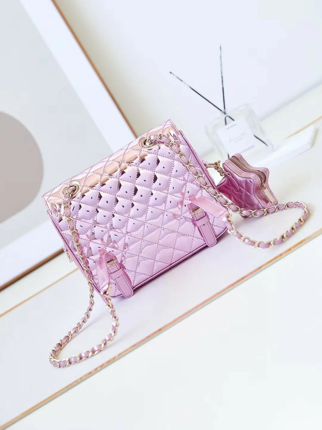 Mini Flap Bag & Star Coin Purse Top End Designer Mirror Calfskin Leather  Bags Rose Pink Pentagram Double Straps Shoulder Bag Gold-Tone Hardware