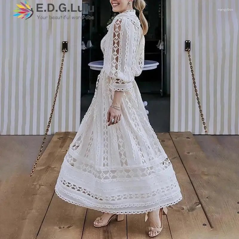 Casual Dresses Edglulu Vintage Stand Collar Long Sleeved White Birthday Dress for Women Luxury 2023 Hollow Out Brodered Lace 1128