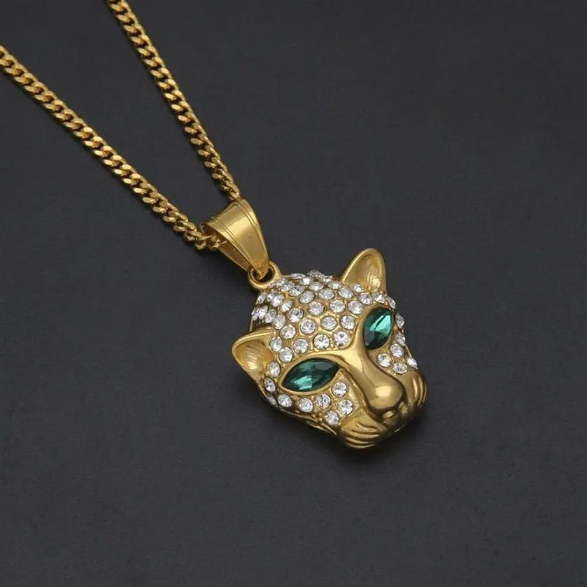 Mode-Hip Hop Gold Halskette Modeschmuck Iced Out Leopard Kopf Anhänger Halsketten Für Männer Kubanische Link Kette Necklace264p