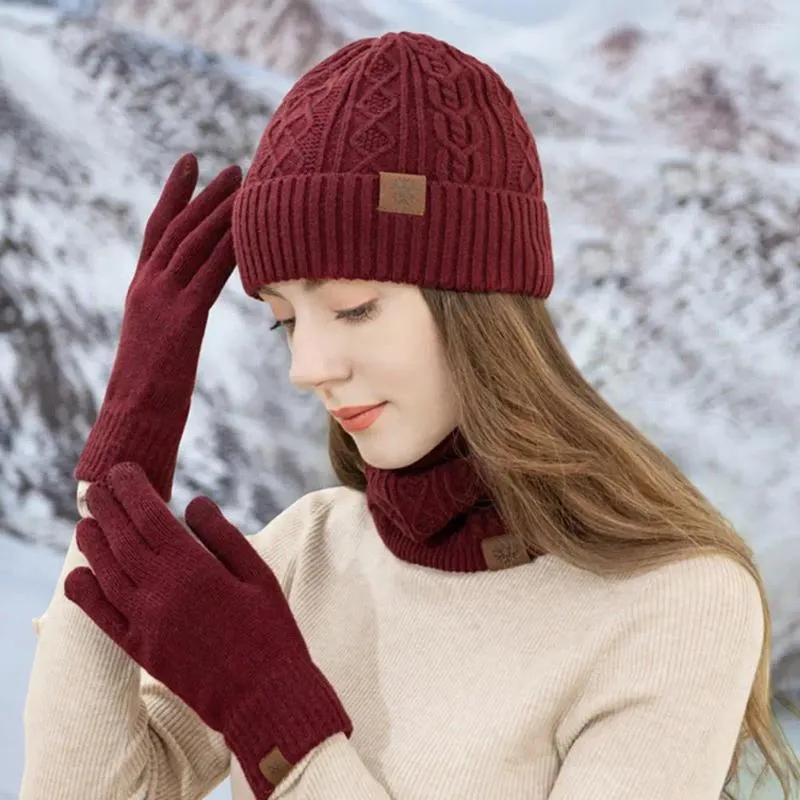 Berets Winter Beanie Hat Touch Screen Luvas Soft Fleece Forrado Pescoço Cachecol Touchscreen Conjunto À Prova de Vento Sólido para Calor