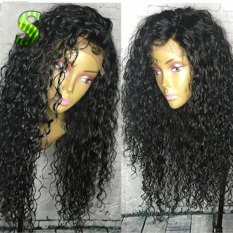 Peruker sido del spetsar främre svarta kvinnor lång lös lockig syntetisk peruk baby hår lyslösa värmebeständiga spetsar peruk kammar remmar