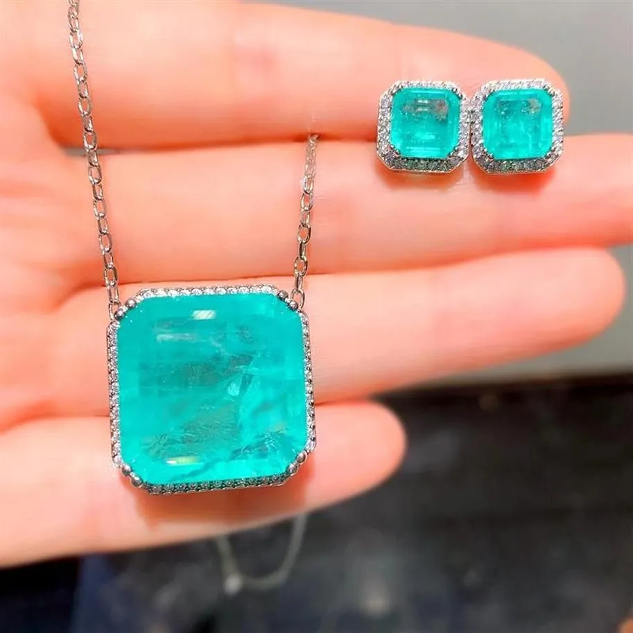 Pendientes collar cuadrado de lujo turmalina Paraiba conjunto de joyería para mujer piedra de fusión verde regalos de aniversario de boda CZ288o